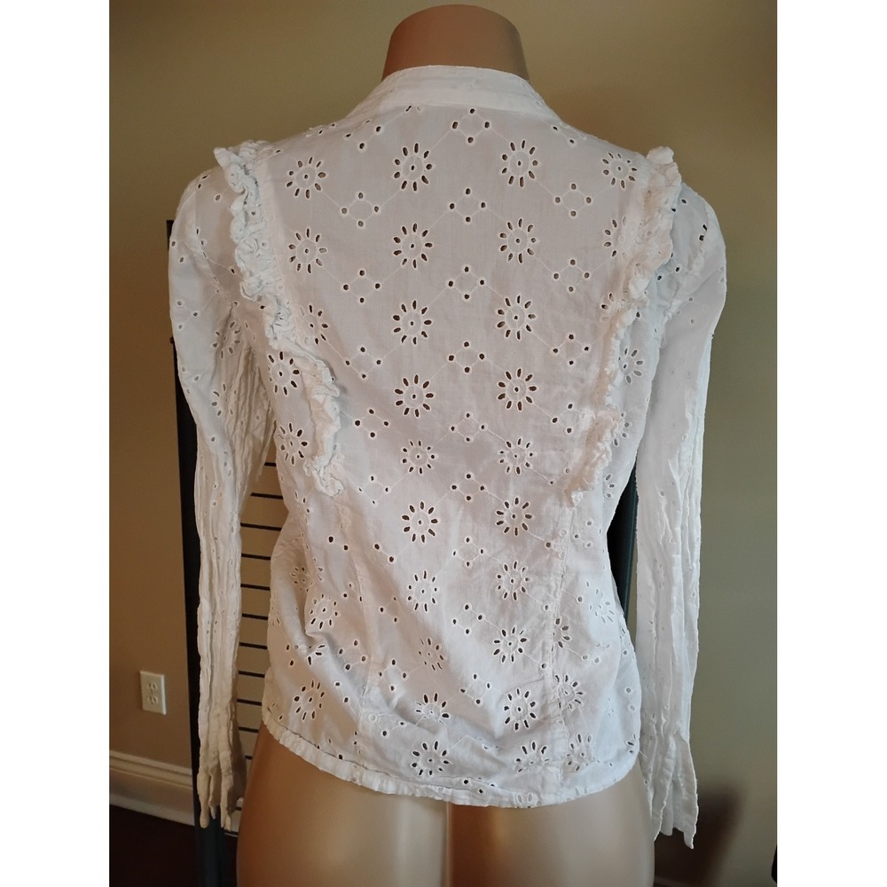 Lolita White Eyelet Cotton Ruffle Blouse Long Sleeve Floral Embroidery Small - Picture 2 of 10